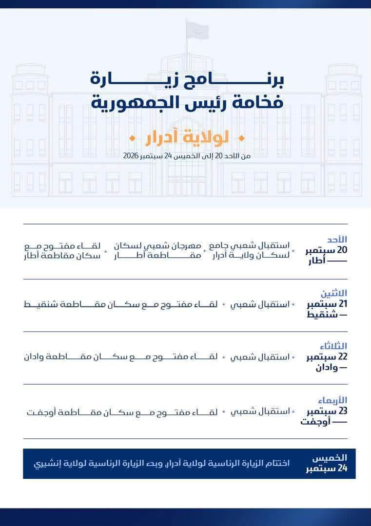 الرئاسة تنشر برنامج زيارة الرئيس غزواني لولايتي آدرار وإينشيري